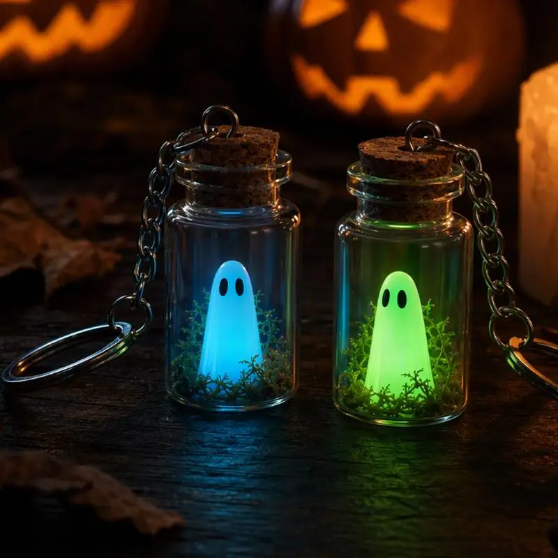 Halloween Leuchtender Geister-Schlüsselanhänger, Kleiner Leuchtender Geister-Schlüsselring, Tragbarer Anhänger für Rucksack und Handtasche – Detail 1