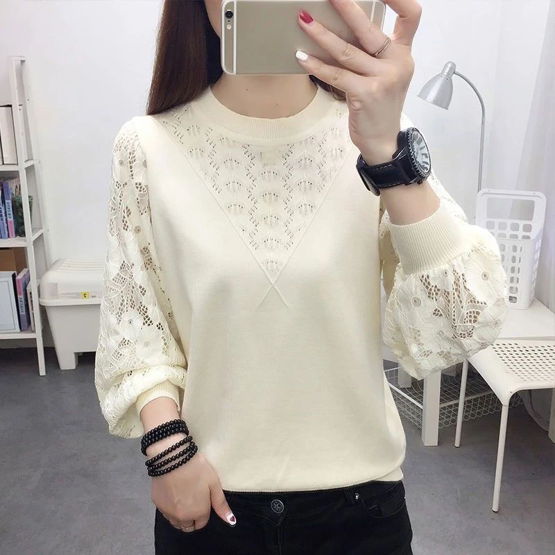 Spring Autumn New Bottoming Shirt Sweater Women\'s Lace Long-sleeved Stitching Round Neck Hollow Loose Knitted Top S-4XL