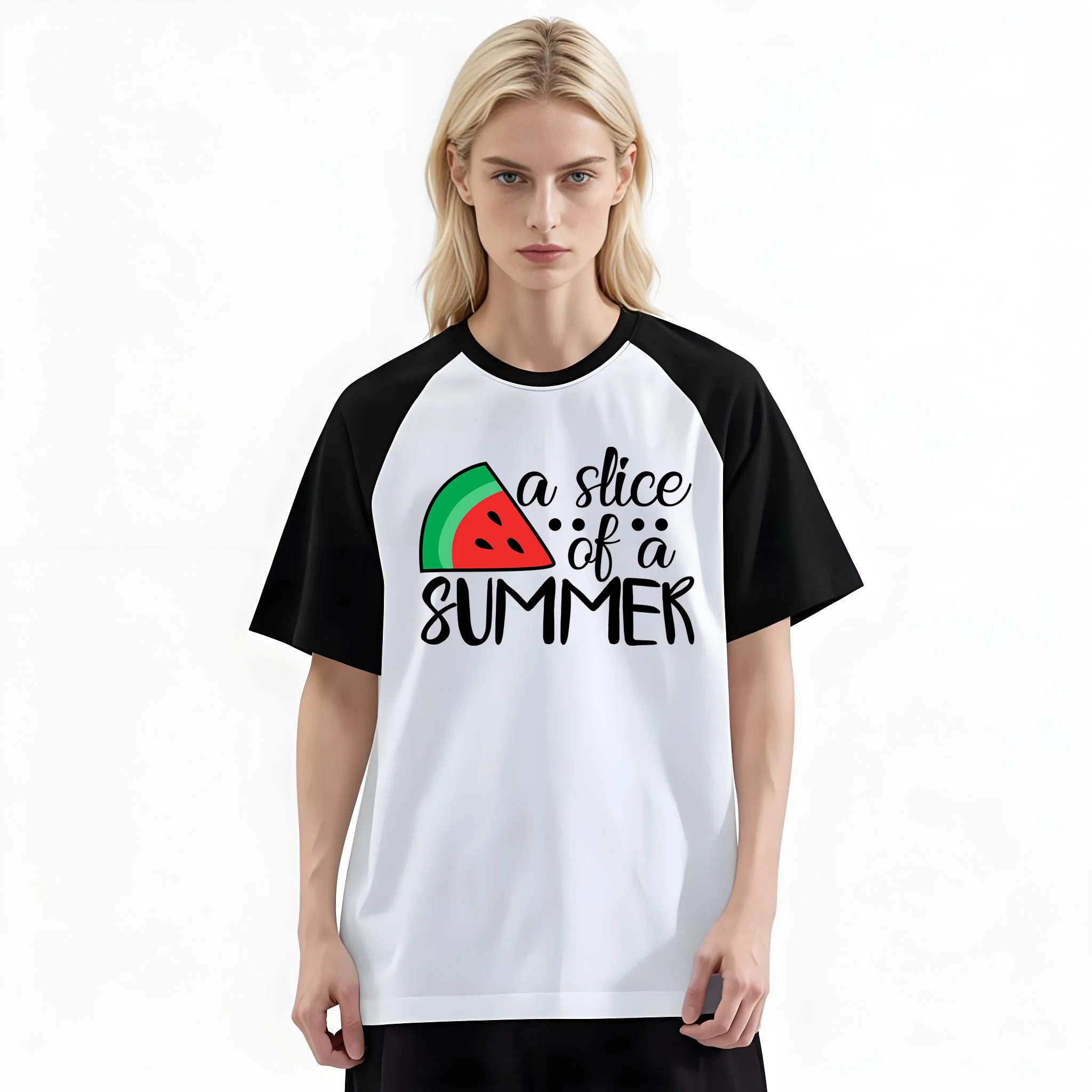Women'S Fashion Raglan Sleeve T-Shirt, A Slice Of Summer Watermelon Printed, Summer Casual Comfortable Tee, Women'S Everyday Short-Sleeve Top