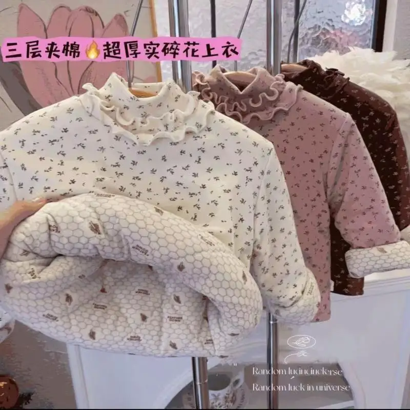 

Kawaii повседневное пальто, топы, модная детская одежда, зимнее хлопковое пальто с цветочным принтом и кружевным воротником для девочек, теплое плотное флисовое пальто
