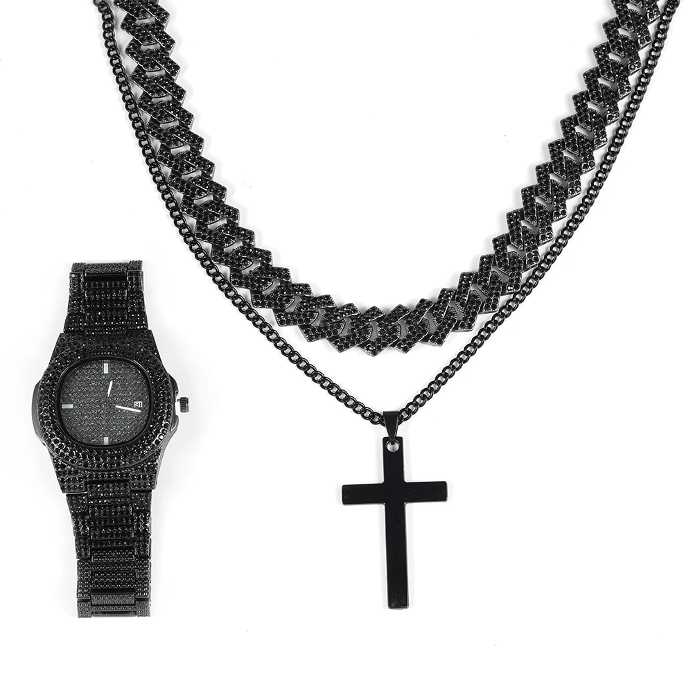 3pcs Black Watch Jewelry Set Cool Trend Cuban Chain Inlay Diamonds Watch Stainless Steel Cross Necklace For Men Women Party Gift