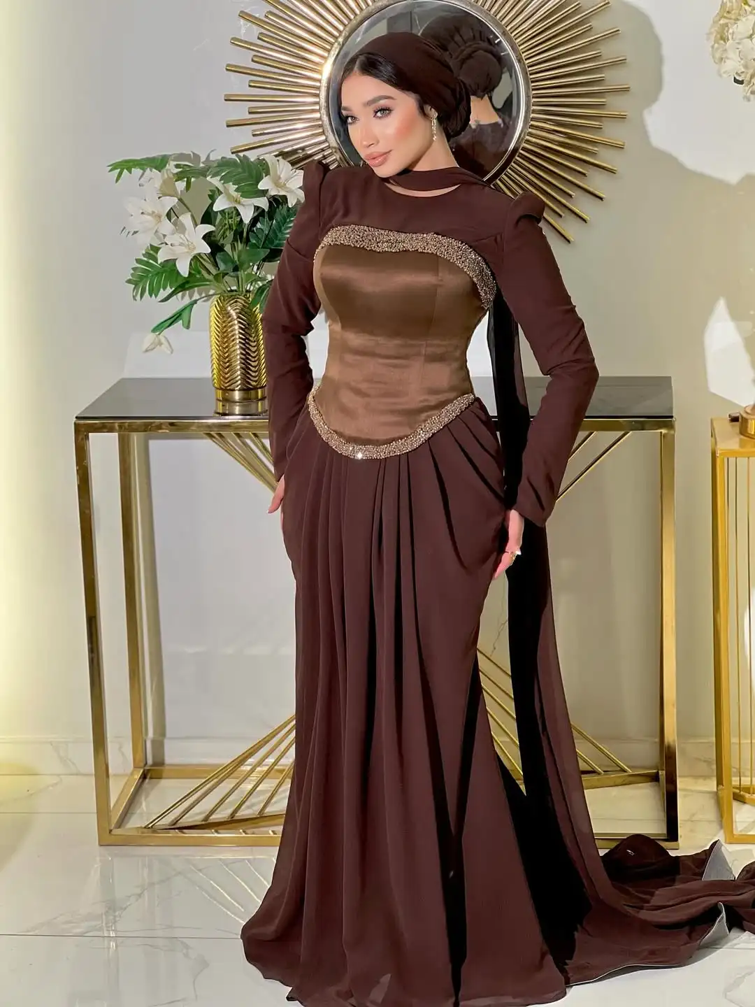 تصميم جديد مثير س الرقبة الديكور مشد ثنيات كامل الأكمام سليم حورية البحر فستان سهرة أنيق حفلة موسيقية فستان رسمي #6