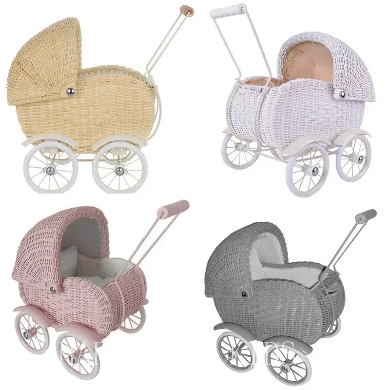 Nordic Rattan Hand-Pushed Walker Baby Hand-Held Walking Four-Wheel Toy Room Decoration Photo Props