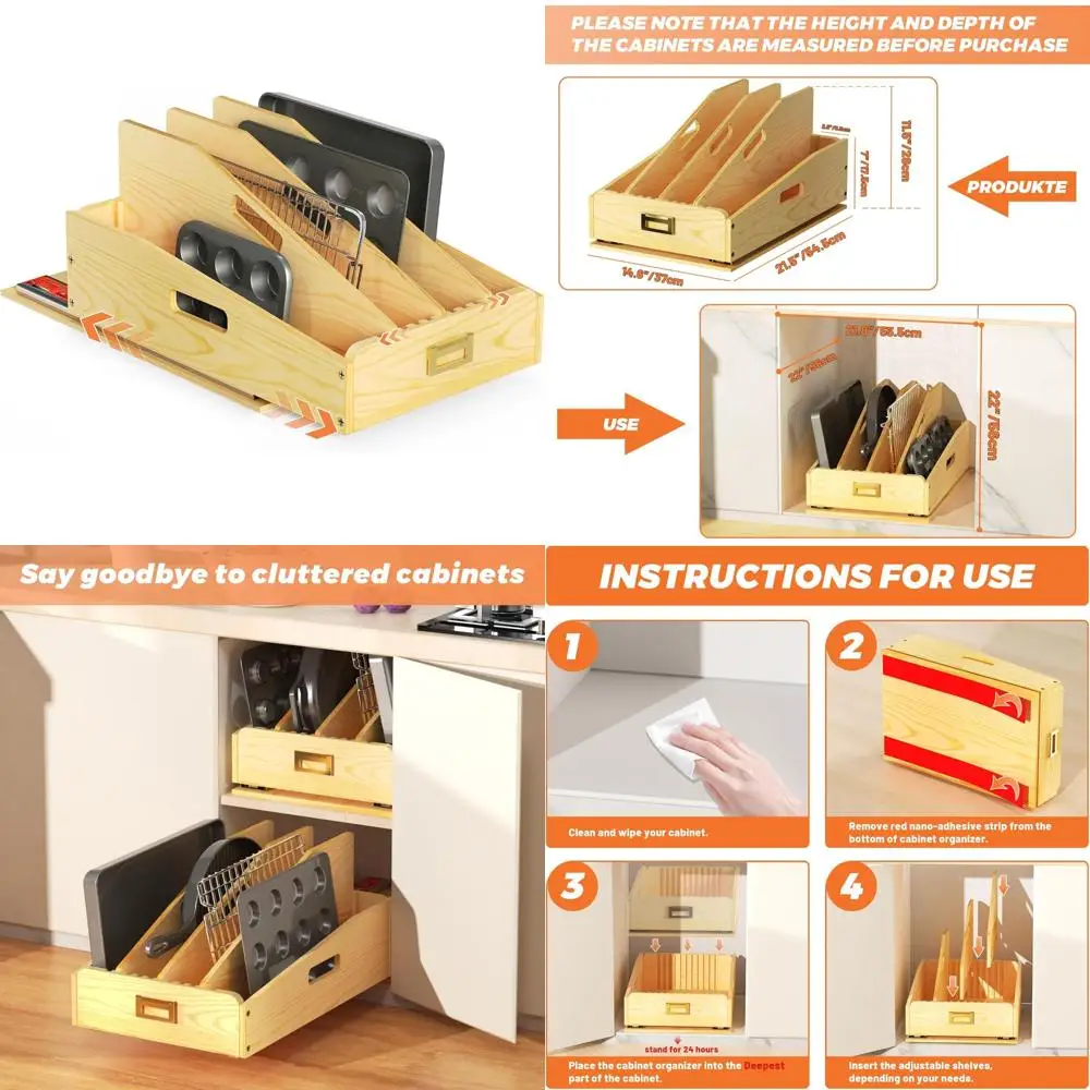 

Kitchen Cabinet Pull Out Organizer, Wooden Baking Pan Storage Rack, Cookie Sheet Holder, Cutting Board Organizer, Lid Storage So