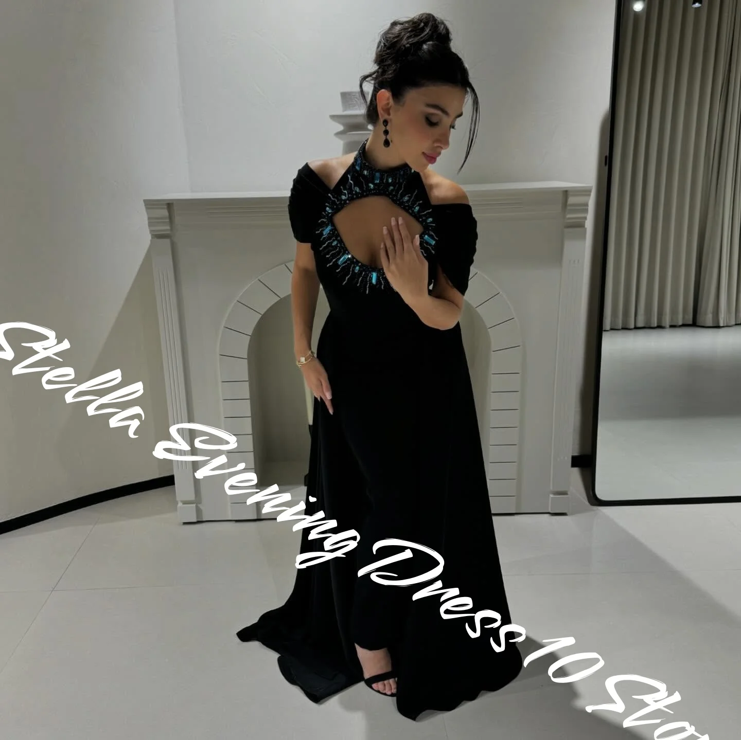 Customized Formal Black Jersey Evening Dresses Modern Beading Strapless Party Dress Off the Shoulder Sweep Train Robe de soirée