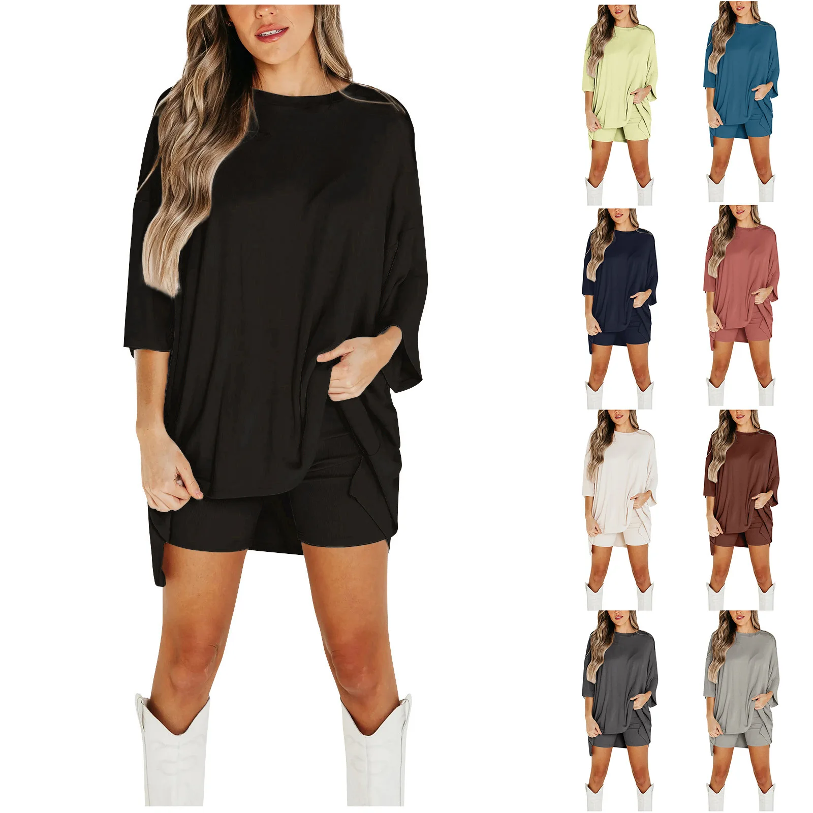 

Fashion Casual Solid Color Women's Shorts Set 2023 Summer New Fresh and Sweet Knitted Bat Sleeve Round Neck Large Top