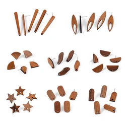 10PCs Fashion Wood Geometric Round Flower Stud Earring For Women DIY Earrings Jewelry Gifts Accessories Findings Brown W/ Loop