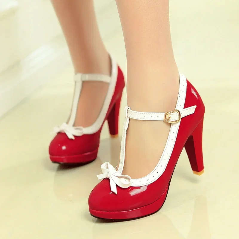 Bowtie Women Platform Pumps Red Black Patent Leather High Heel Mary Janes Wedding Party Prom Office Lady Round Toe Lolita Shoes