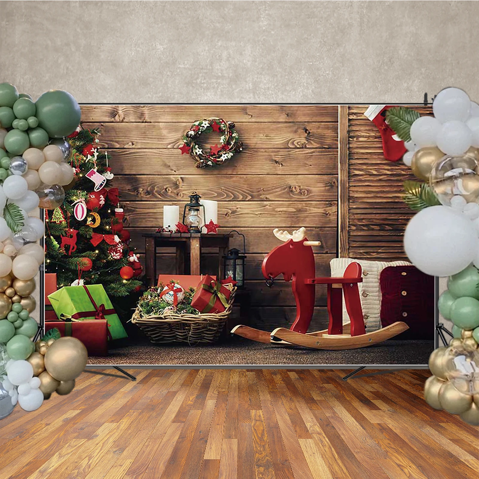 MOON.QG Winter Christmas Backgrounds Warehouse Cabin Wreath Photography Backdrop Photography Accessories Photo Studio Photozone