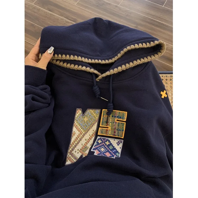 Korean Fashion Blue Fleece Thicken Baggy Pullover Pocket Letter Printing Sweatshirt Lazy Casual Raglan Sleeves Hoodie Autumn