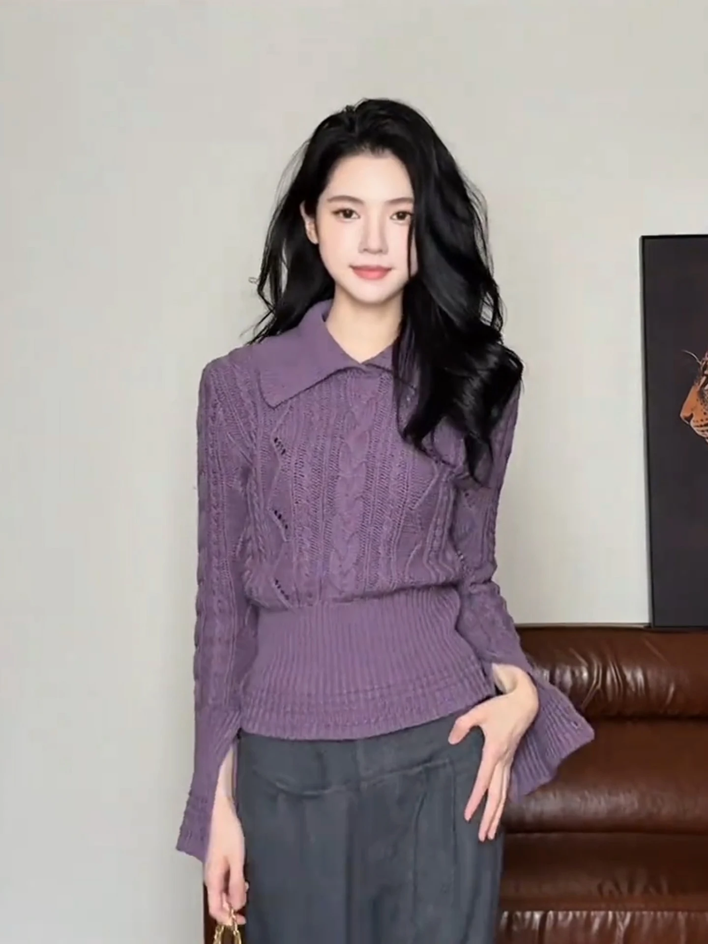 

Фиолетовый вязаный свитер с воротником в стиле ретро, женский ранняя осень, высококачественный длинный топ све, прямая трубка, полиэфирное волокно