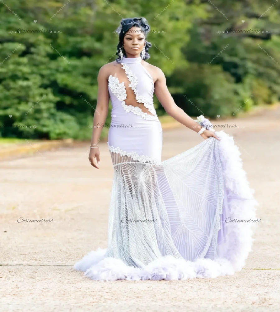 Luxury Lilac Black Girls Prom Dress With Feather Elegant Floor Length Lace Evening Dress 2026 Gorgeous Formal Birthday Party