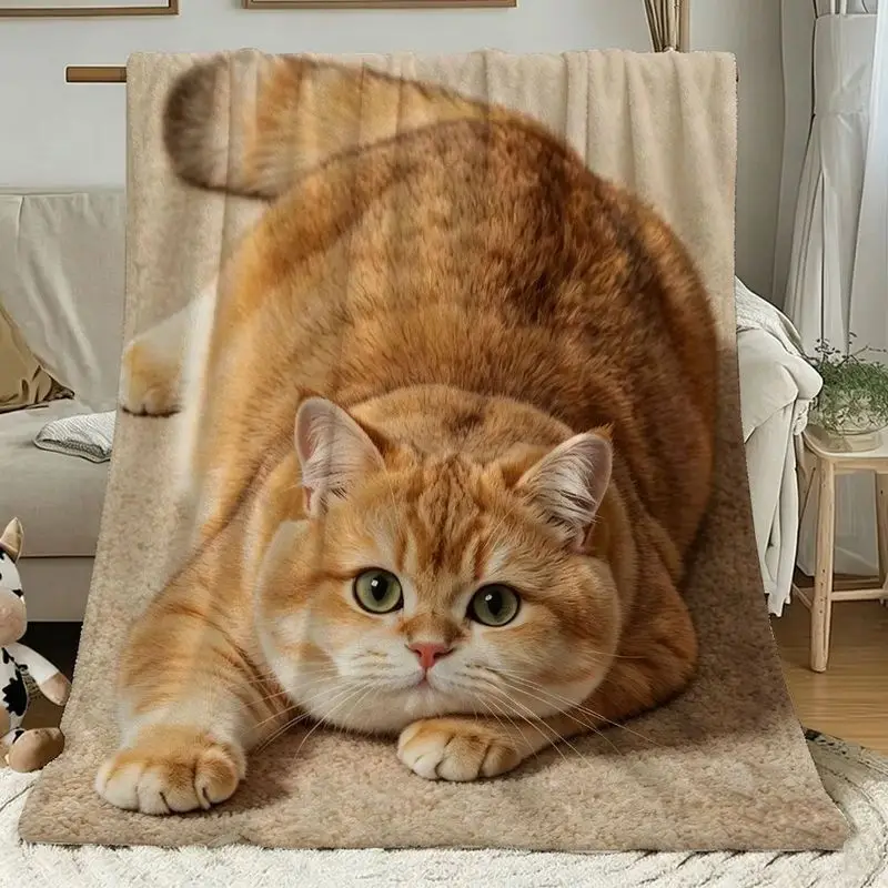 VIKAMA Chubby Orange Cat Flannel Throw Blanket Realistic Ginger Kitten Print Soft Warm Blanket Cat Lover Sofa Home Decor Gift