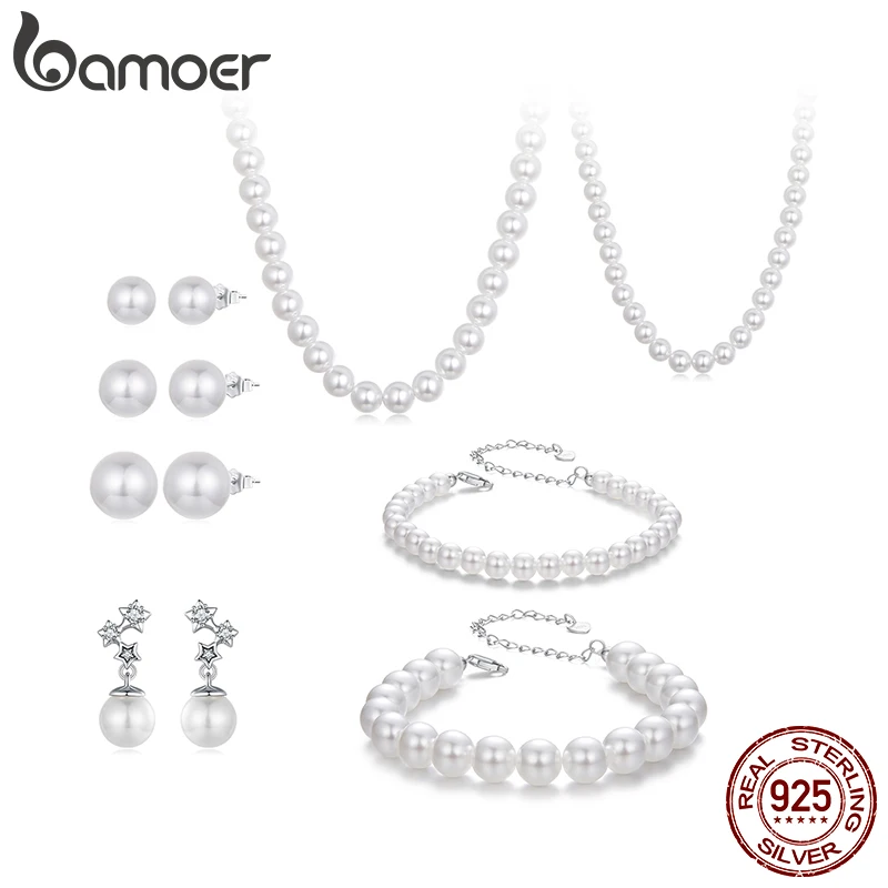 Bamoer 925 Sterling Silver Original Shell Pearl Bracelet Elegant Star Earrings Beads Necklace For Women Fine Jewelry Set Party