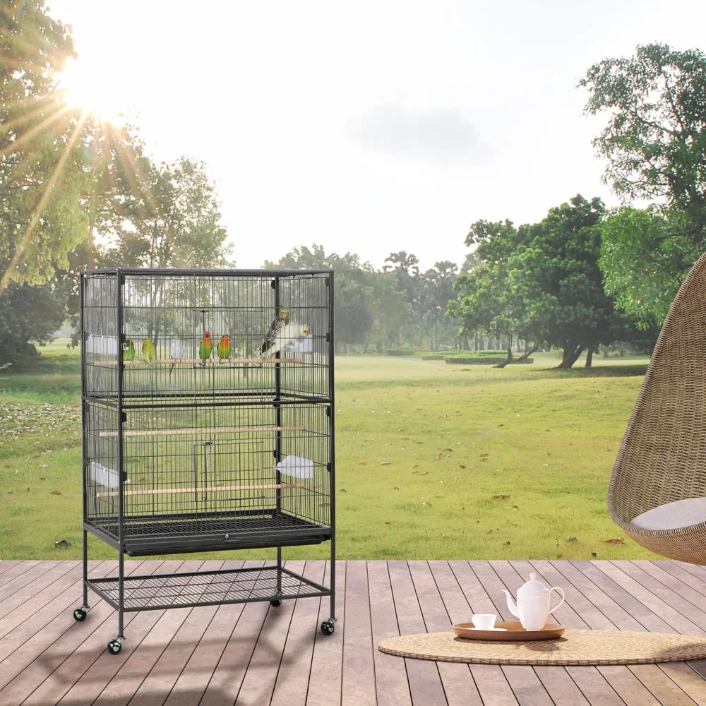 

Wrought Iron Large Flight Parrot Bird Cage with Rolling Stand for Multiple Parakeets Conure Cockatiel Cage
