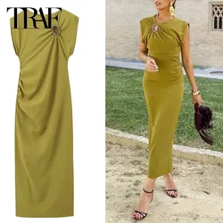 TRAF Midi Ruffled Dresses Fashion Woman O-Neck Sleeveless Dress Summer Ladies Metal Ring Decoration Dress Elegant Holiday Dress