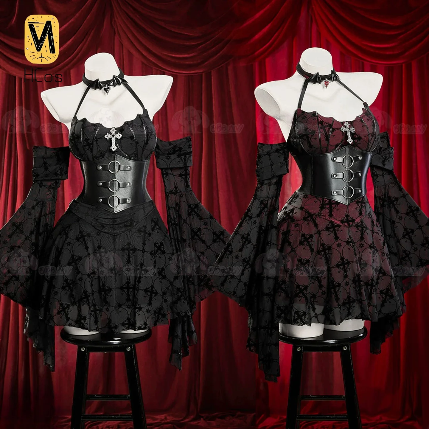 Vestido gótico original Blood Night Party con cuello halter y cinturón, disfraz de cosplay para Halloween, Navidad, juegos de rol para mujer