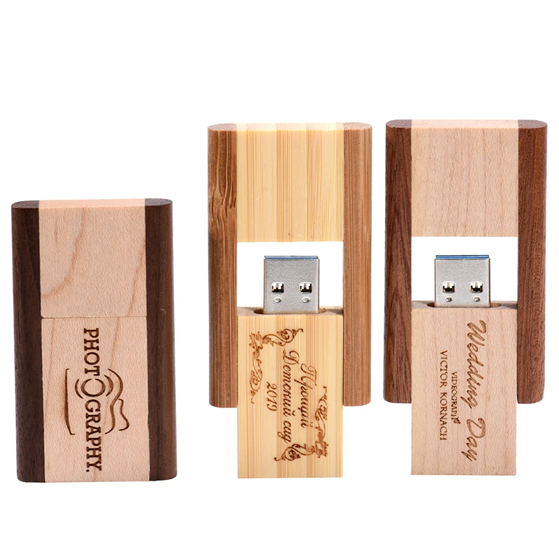 محرك فلاش USB خشبي قابل للدوران 128 جيجابايت شعار مخصص مجاني بندريف ذاكرة عصا + صندوق هدايا 8 جيجابايت 16 جيجابايت 32 جيجابايت 64 جيجابايت U القرص هدية الزفاف