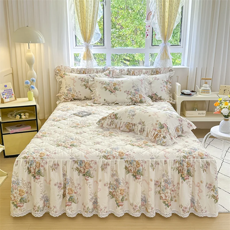 1pc Pure Cotton Quilted Bed Skirt Soft Bedspread Ruffles with Elastic Bed Cover for 침대 스커트 (No Pillowcase)