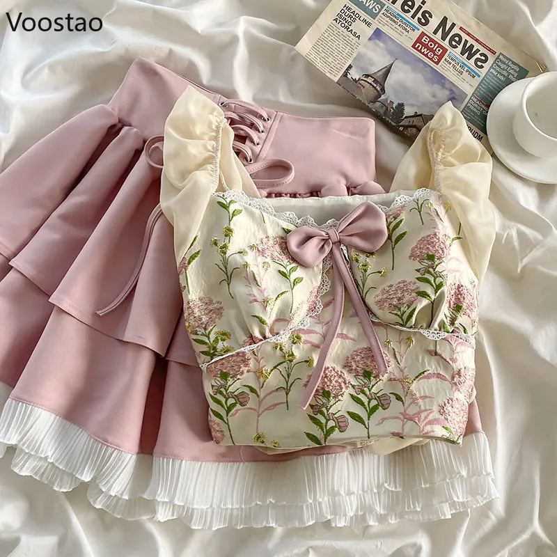 Sweet Lolita Skirt Set Women Elegant France Bow Square Collar Puff Sleeve Blouse Crop Tops Pink Ruffles Mini Skirt Female Suit