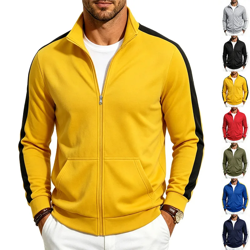 Men Color Block Striped Sleeve Full Zip Stand Collar Sweat Jacket With Kangaroo Pocket Casual Track Top