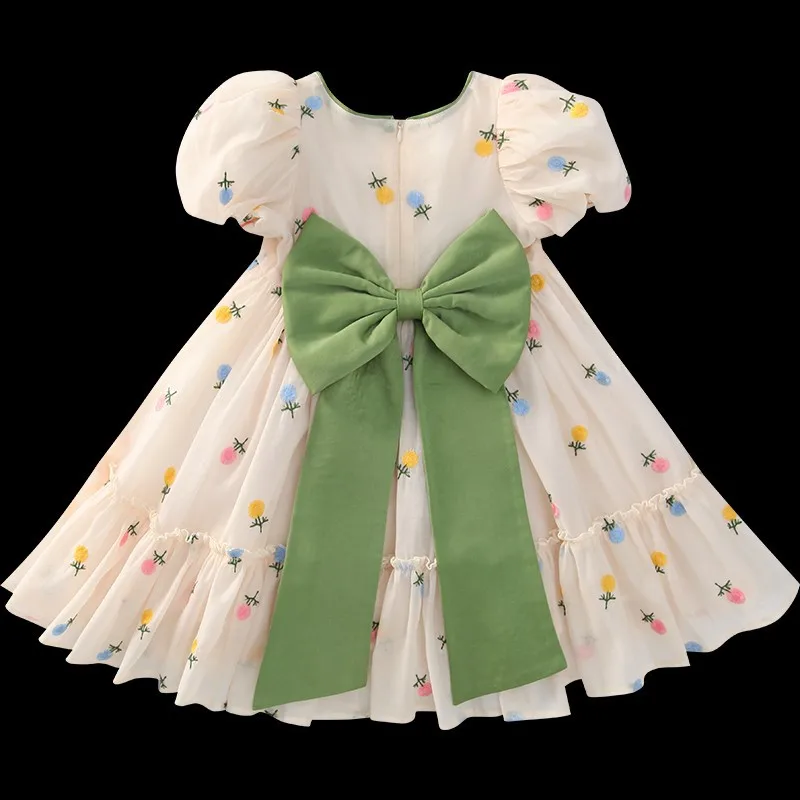 2023 Girls Summer Dress Flowers Embroidery Big Bow Kids Girl Princess Birthday Dresses Children Vestidos Clothes 2-14age