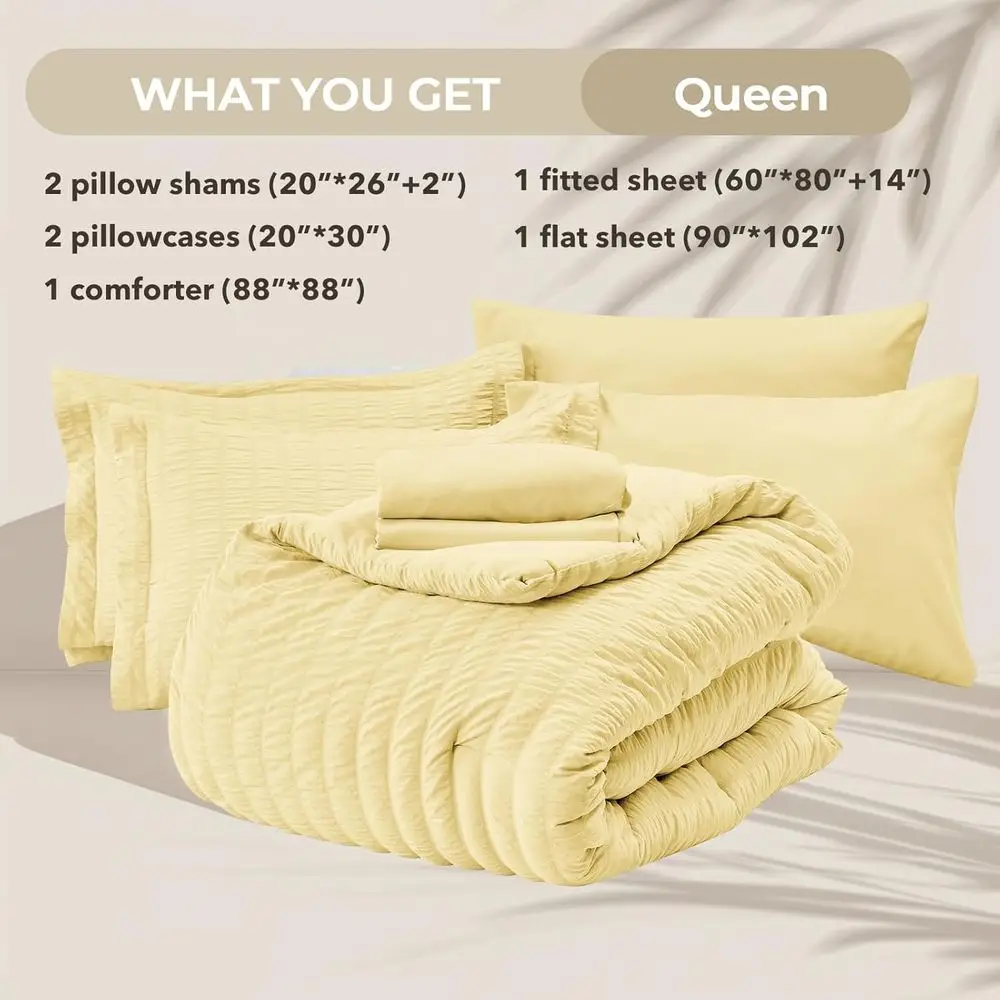 طقم لحاف كوين مكون من 7 قطع من Seersucker، مفروشات فاخرة لجميع المواسم مع ملاءات وأكياس وسائد وأغطية شمس #5