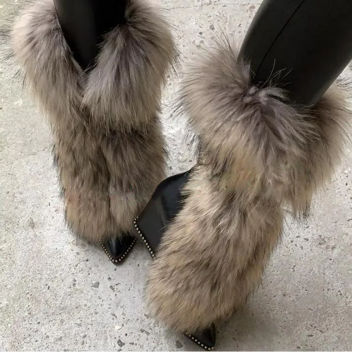 Stylish Real Raccoon Fox Fur Pointy Wedge Ankle Boots Ladies Rivets Trim Sole Lace-Up Suede Wedged Heel Fluffy Fur Boots Women