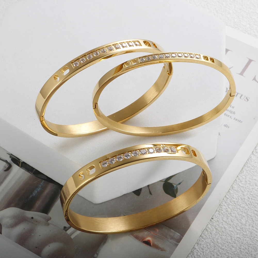 JINHUI New Trendy Chic Cubic Zirconia Bangle Bracelets 316L Stainless Steel Supernatural Gold Color Bangles for Women Jewelry