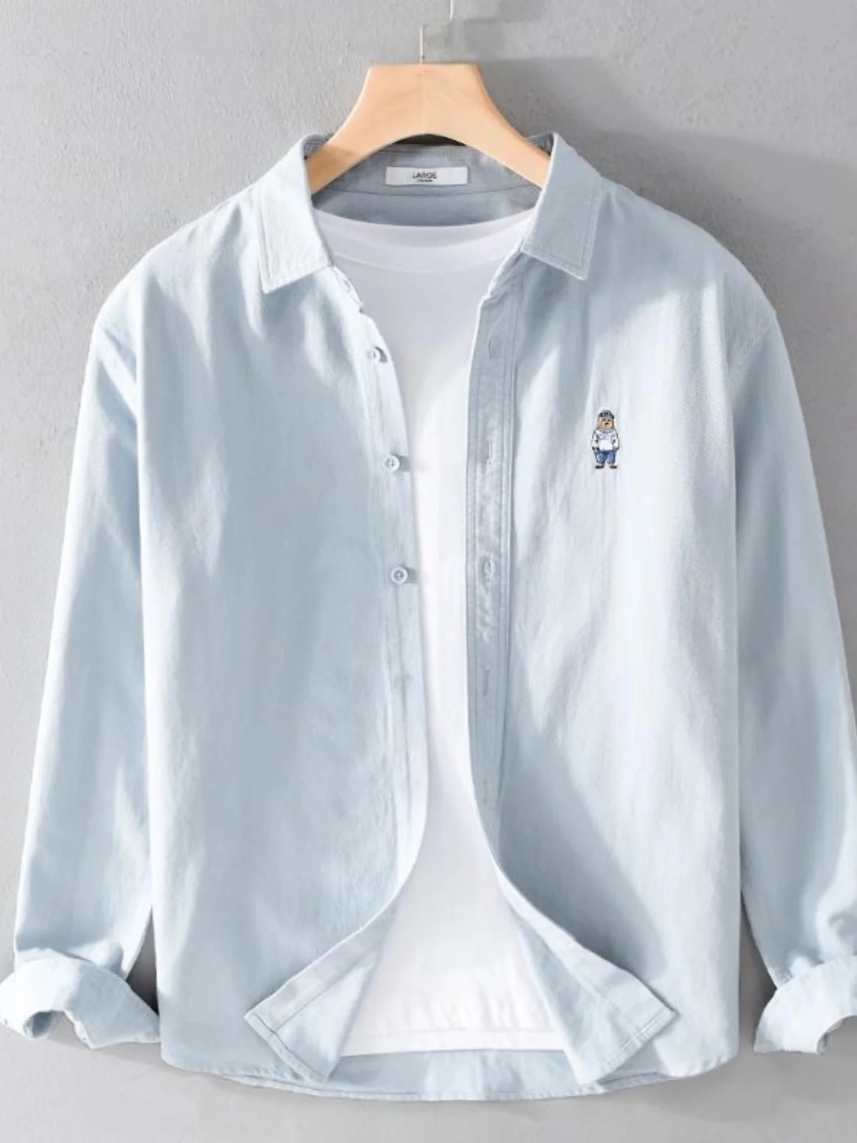 

Spring Autumn Bear Embroidery Casual Long Sve Men's irt Japanese Sle Simple Match Pure Color Trendy Loose Outerwear