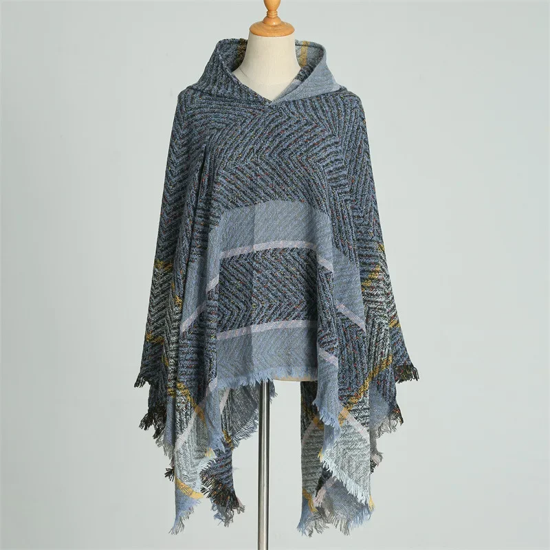 

Ponchos Imitation Cashmere Cloak Women Hooded Warmth Shawl Capes New Tourism Coats Adult Fashion Scarf Versatile Triangle Jacket