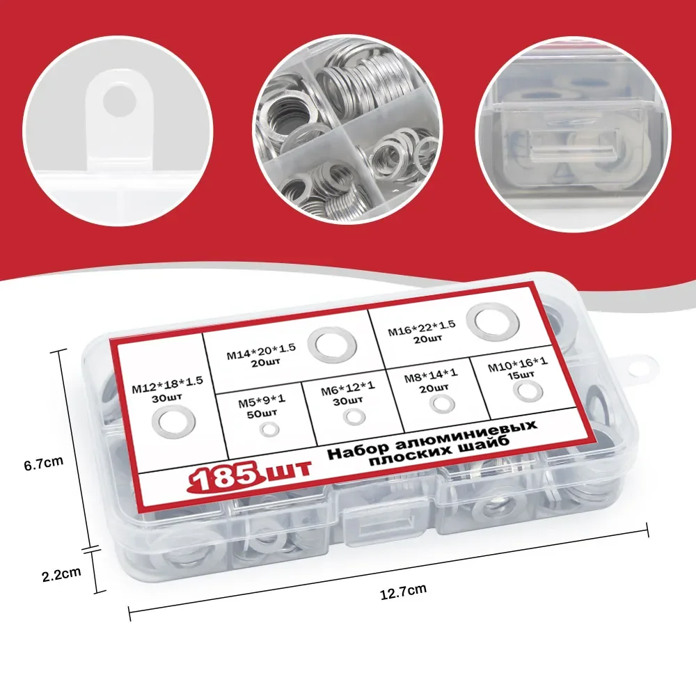 ชุดแหวนรองอะลูมิเนียมแบบแบน 185 ชิ้น ขนาด M5 M6 M8 M10 M12 M14 M16 สำหรับงานประปา ซ่อมรถยนต์ และบำรุงรักษาเครื่องจักร