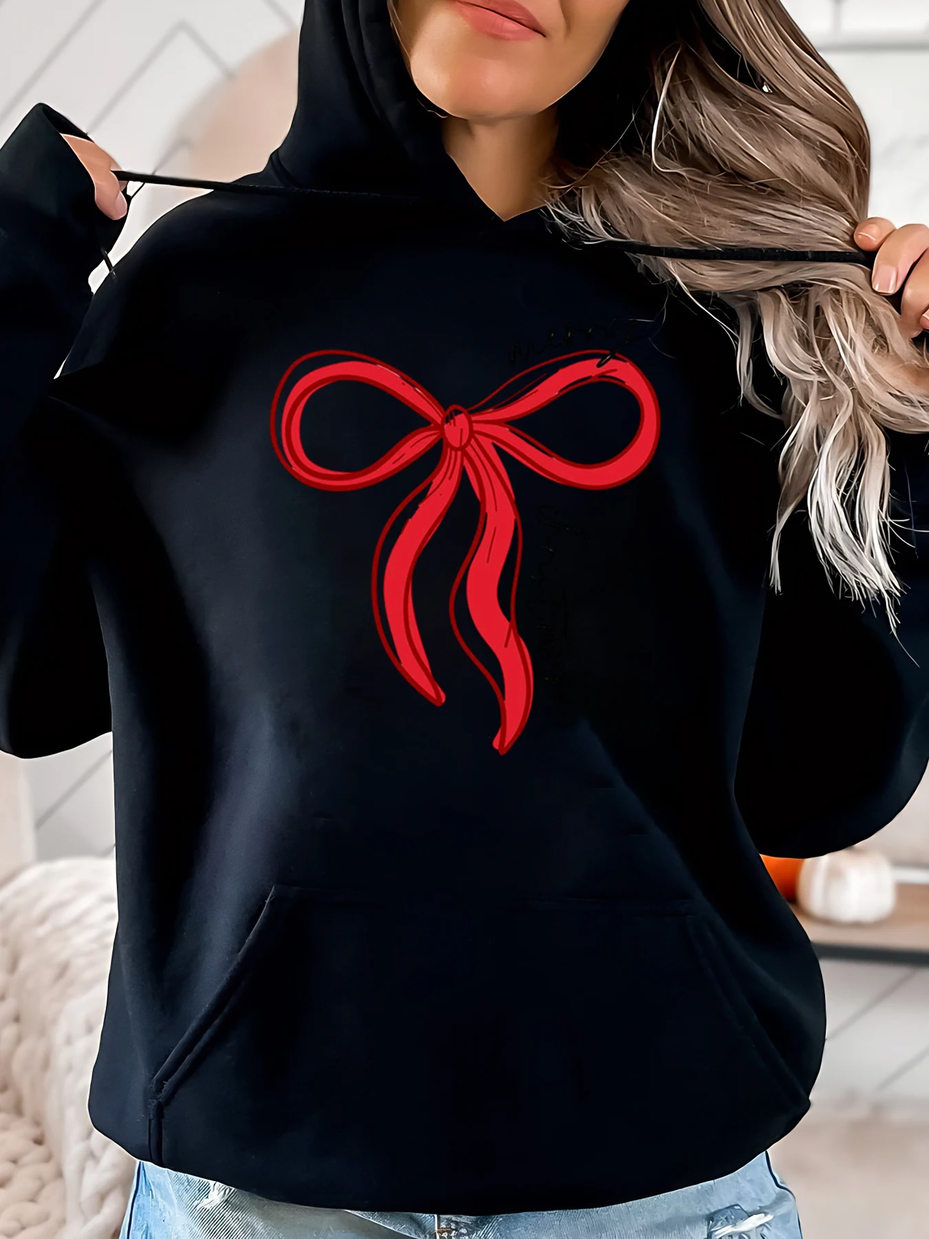 

Рождественская толстовка с красным бантом и принтом, женская повседневная зимняя одежда больших размеров