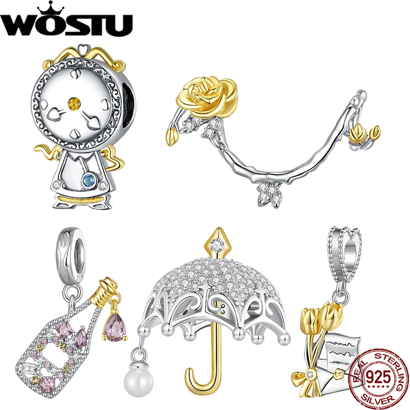 WOSTU 925 Sterling Silver Golden Flower Party Charm Invitation Pendant Dazzling Champagne Fit Original Bracelet Women DIY Gift