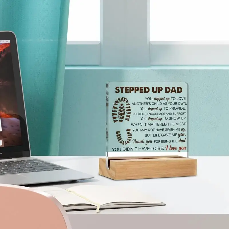 Stepped Up Dad Acrylic Sign Retro Dad Poster Wall Art Novelty Sign Gentle Reminder Desktop Ornament Father's Day Birthday Gifts