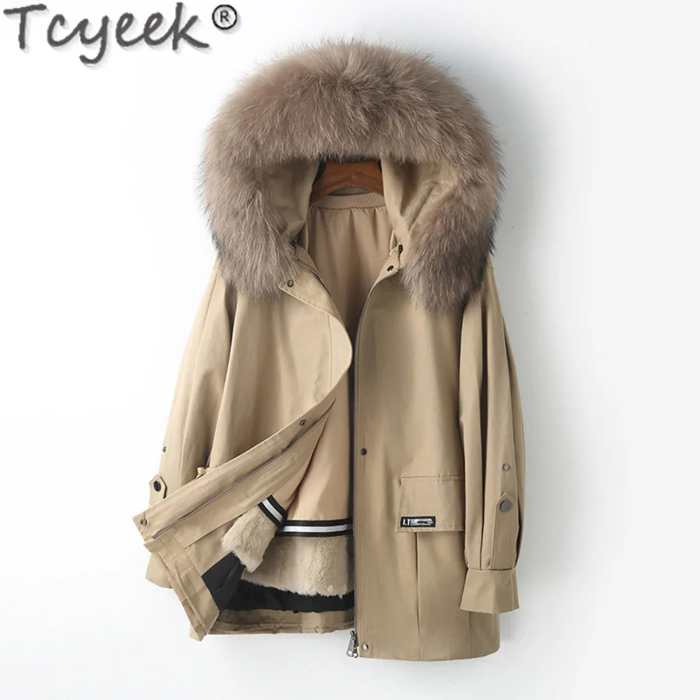 Winter Tcyeek Women Jacket Rex Rabbit Liner Parka Fashion Mid-long Jackets Woman Clothing Detachable Raccoon Dog Fur Collar