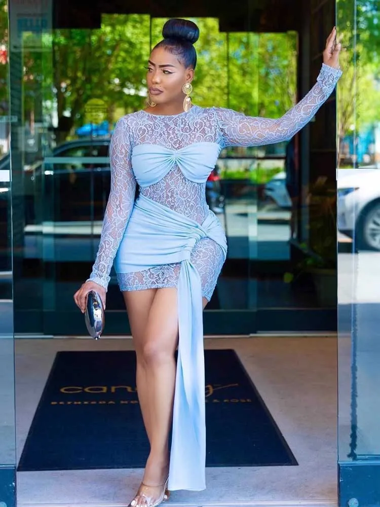 Female Clothing Tight Bodycon Dress Women Sexy Long Sleeve Fancy Club Dress Transparent Short Openwork Lace Dress Autumn