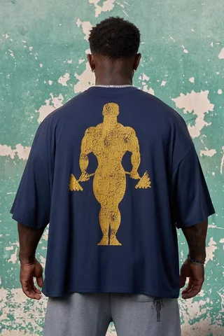 Men's Oversized Vintage Cracked Print T-Shirt Gym Workout Bodybuilding Short Sleeve Fitness Tops Breathable Loose Fit Muscle Tra