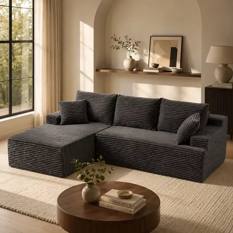 L Shaped Modular Sofa Bed for Living Room Cloud Design Boneless Flannel Upholstered Compression Furniture Modern Style