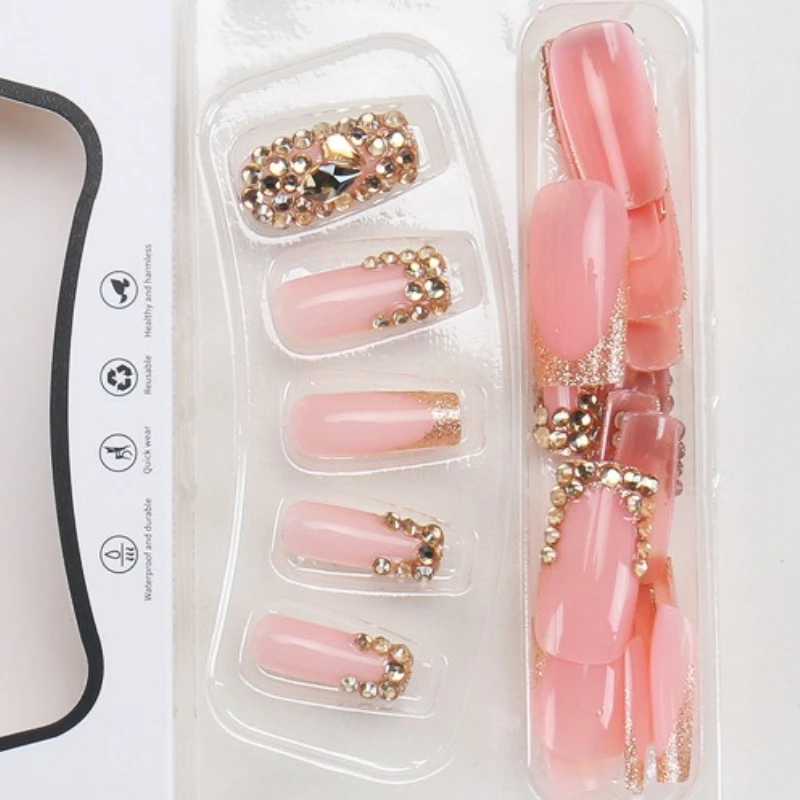 24PCS Druk op nagels Franse stapelboor Nagelpiercing Roze Zoet Koel Medium Lang Vierkant Nagelpatch Afneembare nepnagels