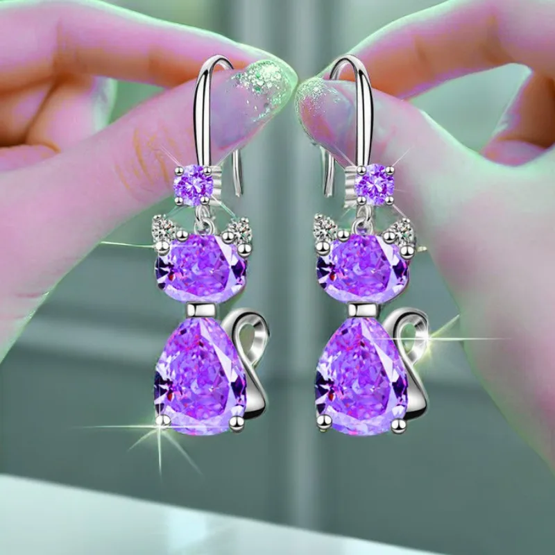 Light Luxury Shining Crystal Cats Hoop Earrings For Women Trendy Zircon Pet Kitten Jewelry Party Office Banquet Accessory Gifts