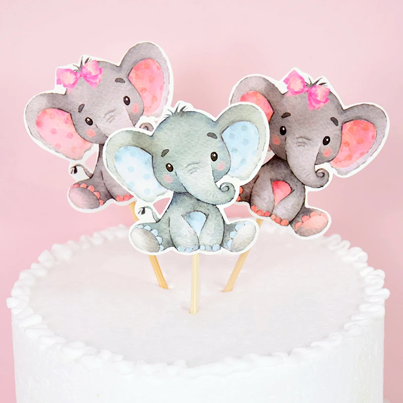 12Pcs Blue Pink Elephant Cupcake Topper Kids Birthday Baby Shower Elephant Cake Decoration Boy Girl Gender Reveal Party Supplies