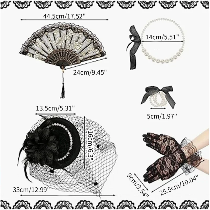 Chapeau bandeau fête pour enfants filles, gants courts en dentelle, collier perles, accessoires Costume Cosplay pour