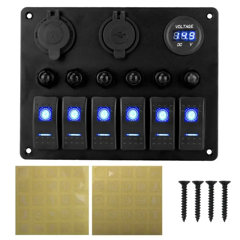 Pannello Interruttori Universale Efficiente Per Auto E Camper, 6 Interruttori 12/24V, Voltmetro, Usb, Tester Interruttore Automatico, Interruttore A Levetta
