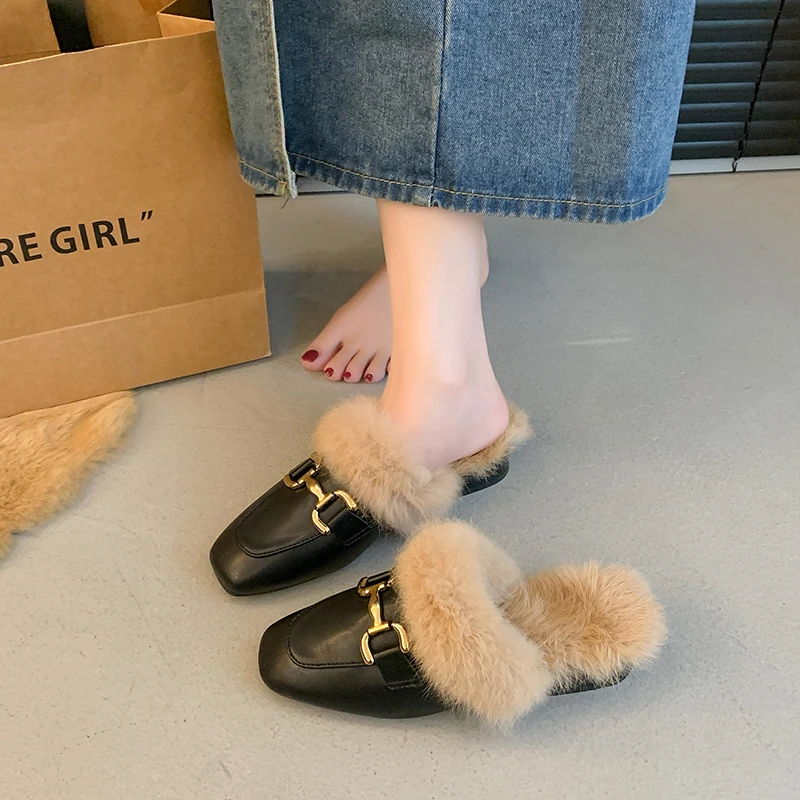 Winter New Baotou Slippers Women's Fashion Square Head Deep Mouth Metal Buckle Soft Sole Non-slip Flat Shoes