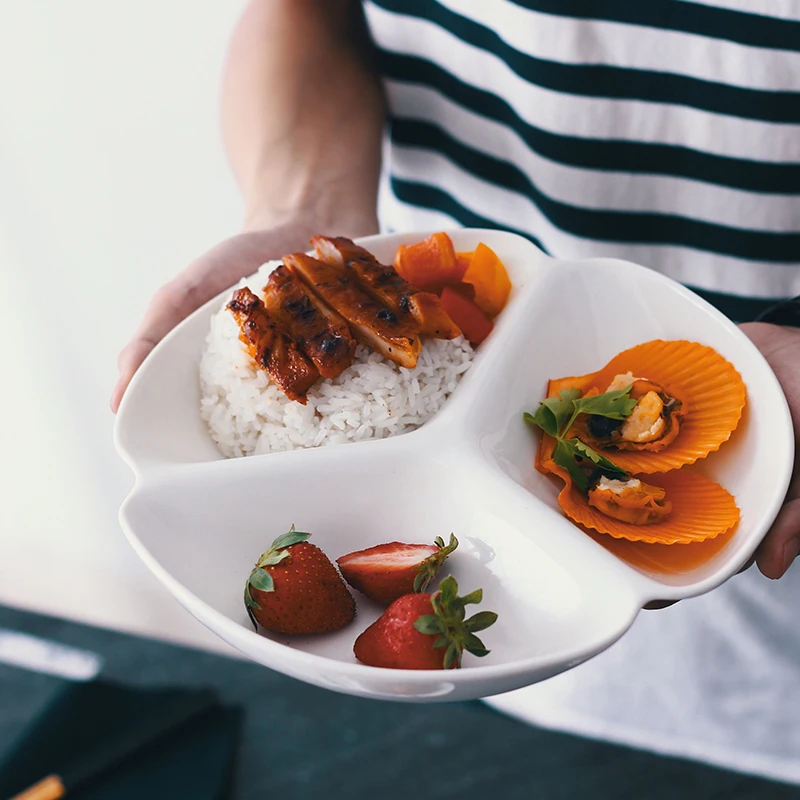 Japanese Style Ceramic Divided Plate Home Use Three Grids Dish Plate Breakfast Plate Wooden Source Pure Color round Shape Dish