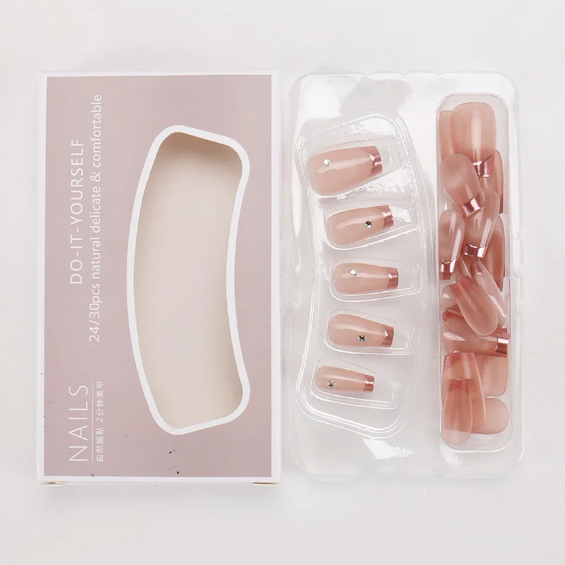24個入り ジェムライトピンク プレスオンネイル プノンペン キャッツアイ 人工つけ爪 シームレス 取り外し可能 フェイクネイル