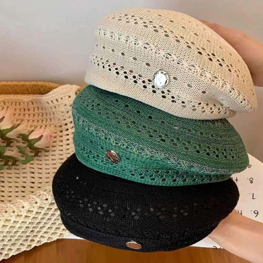 

Japanese Style Hollowed Out Beret Hat Vintage Fashionable Weave Painter Hat Fresh Color Thin Crochet Knitted Cap Beach