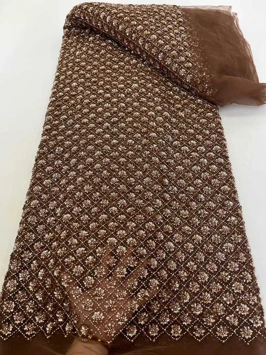 2025 New Design African Heavy Beaded Lace Tulle Lace Fabric French Sequins Embroidery Lace Fabric For Dresses Wedding Material