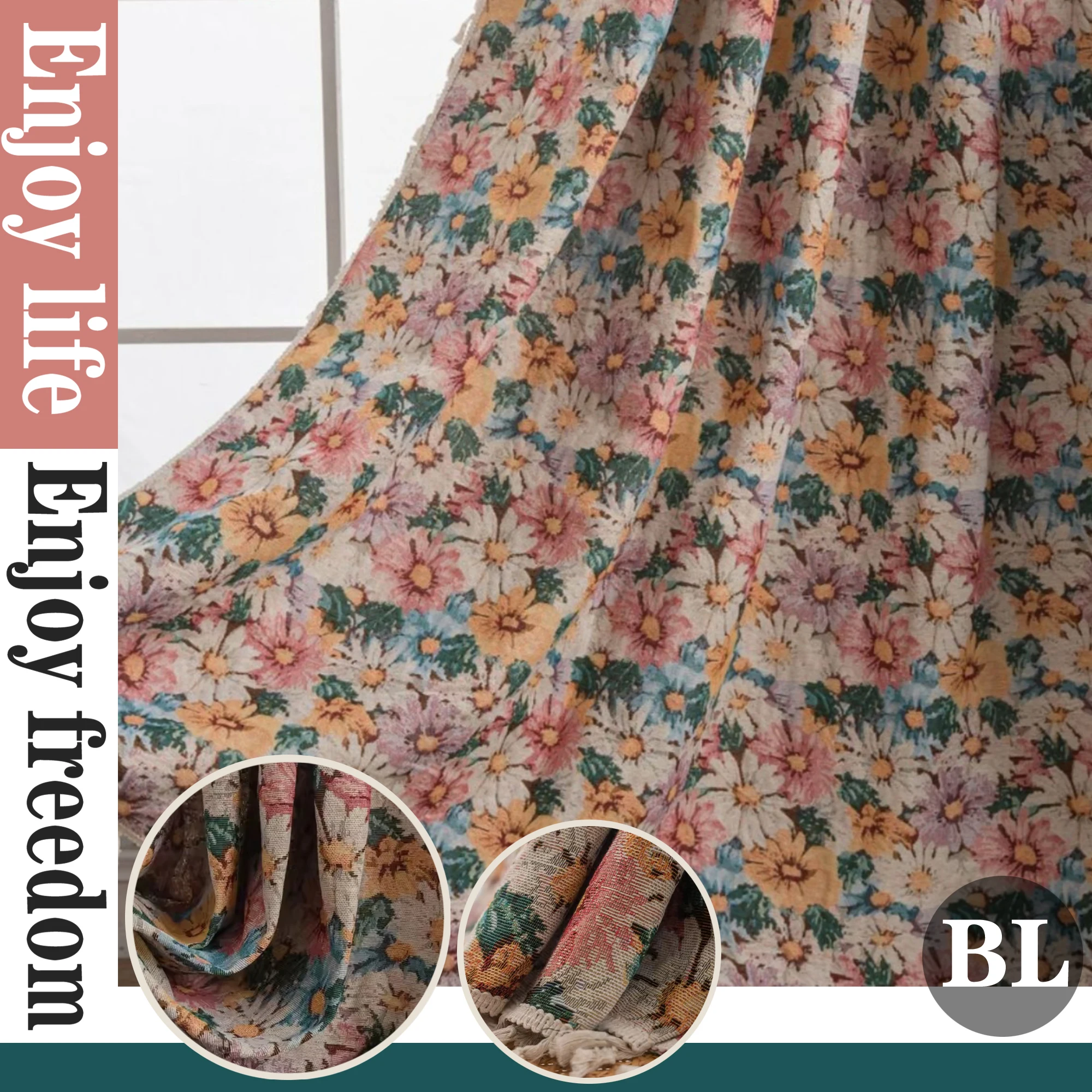

Pastoral Style Cotton Linen Thickened Semi Shading Curtain Colorful Floral Jacquard Curtains for Bedroom Living Room Decoration